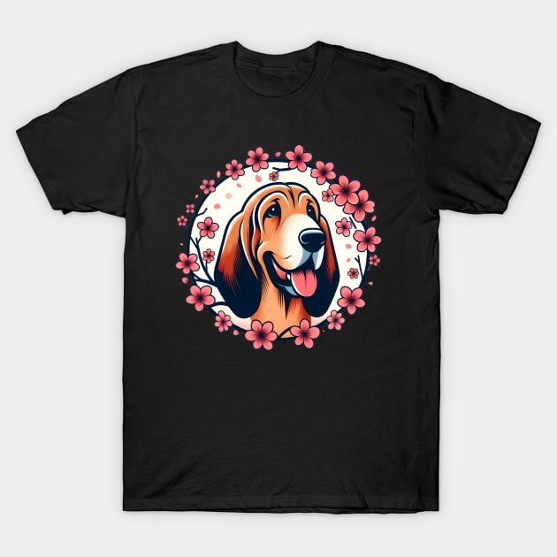 Bloodhound Welcomes Spring Amid Cherry Blossoms T-Shirt by ArtRUs